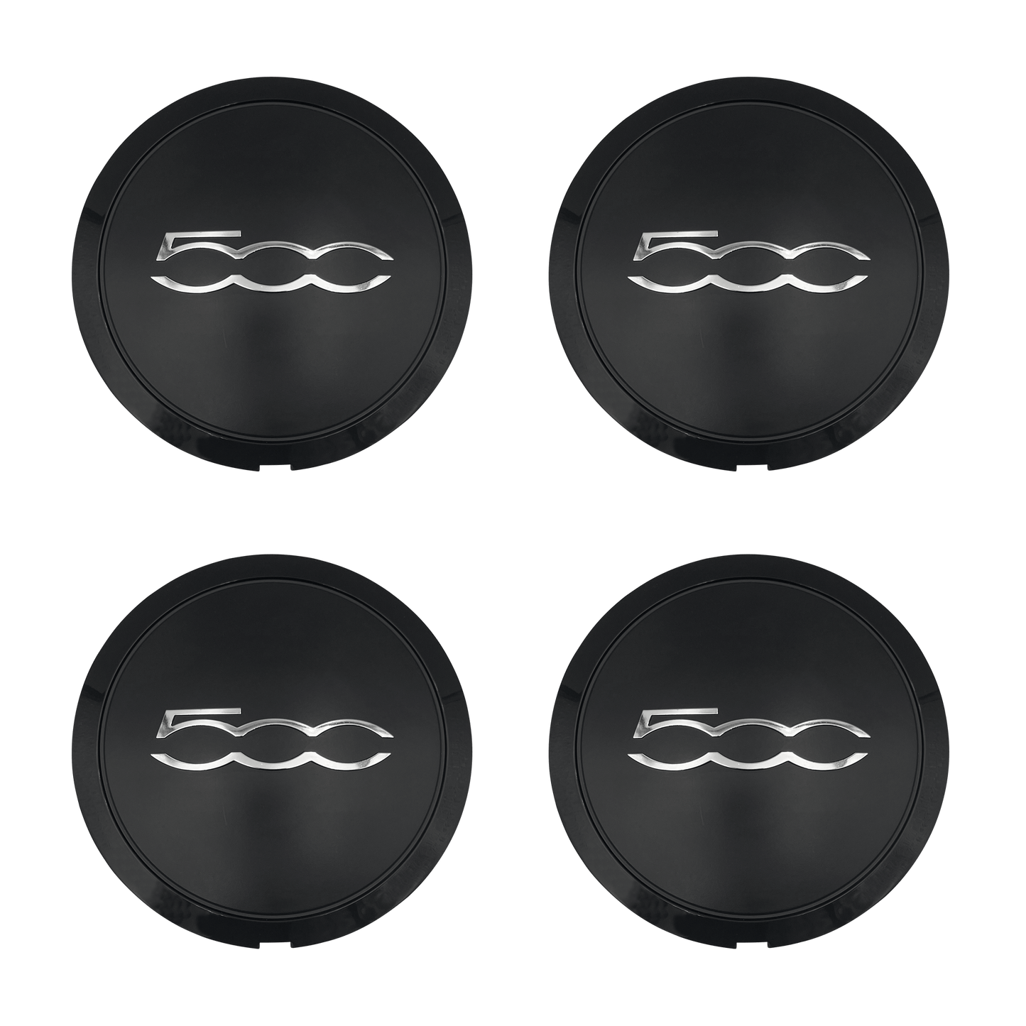 4 pcs. Fiat 500 Center Caps Black with Chrome Text 133mm