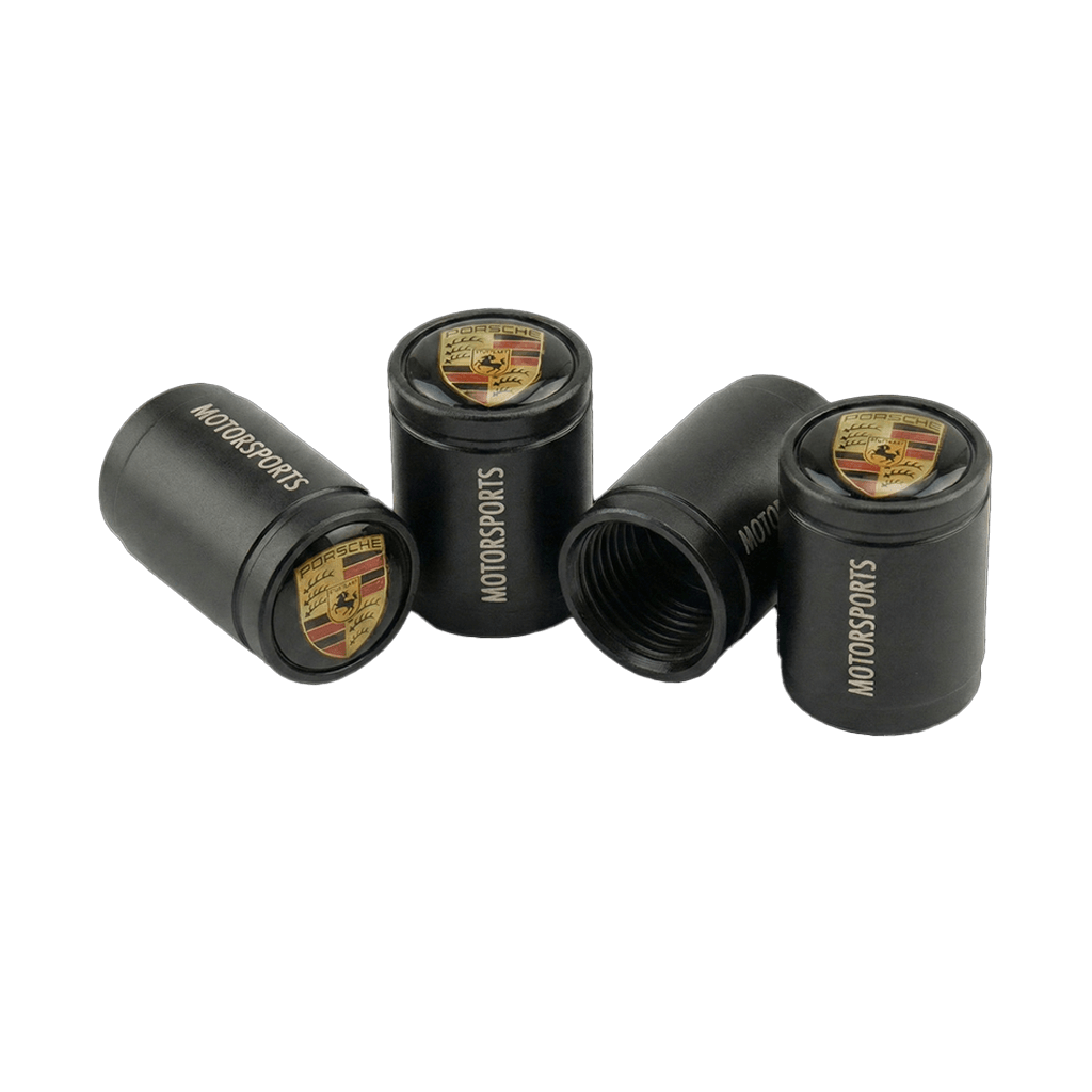 4 stk. Porsche Logo Sort/Hvid Ventilhætter i Sort Aluminium