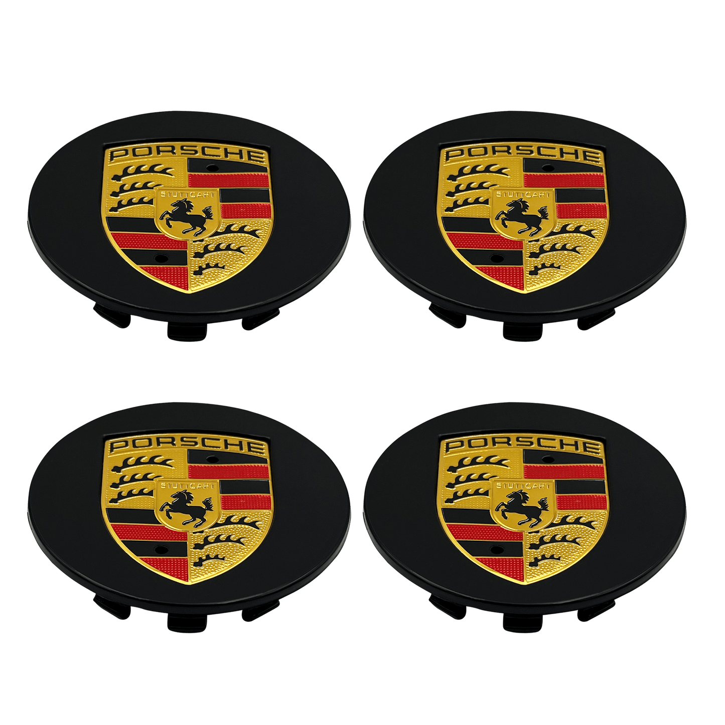 4 pcs. Porsche Center Caps in Black & Gold 76mm