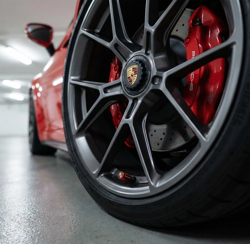 4 stk. Porsche Logo Ventilhætter i Rød Aluminium