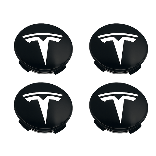 4 pcs. Black Tesla Center Caps with White Logo 57mm