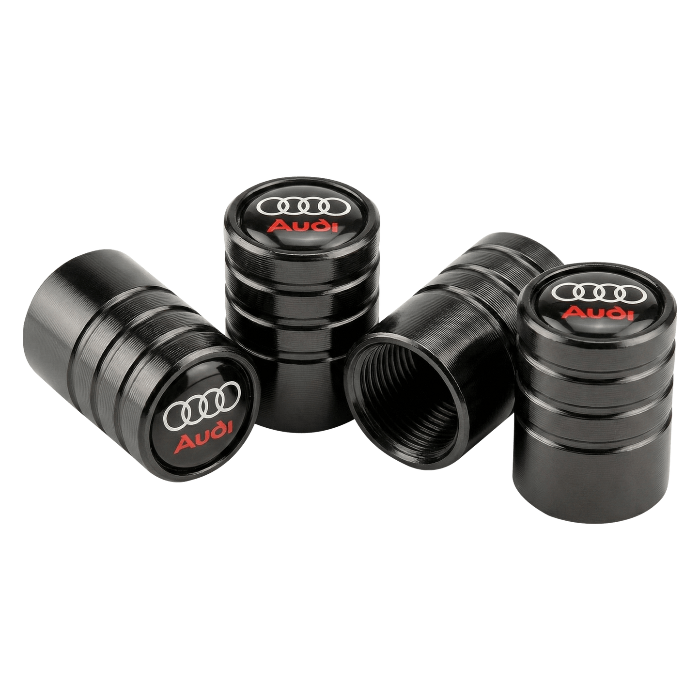 4 stk. Audi Logo Ventilhætter med Rød Tekst Sort Aluminium