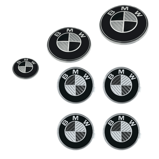 Full BMW Carbon Fiber Bundle - Front, Rear, Steering wheel logo and 4 pcs. Center caps