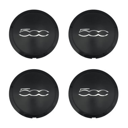 4 pcs. Fiat 500 Center Caps Black with Chrome Text 133mm