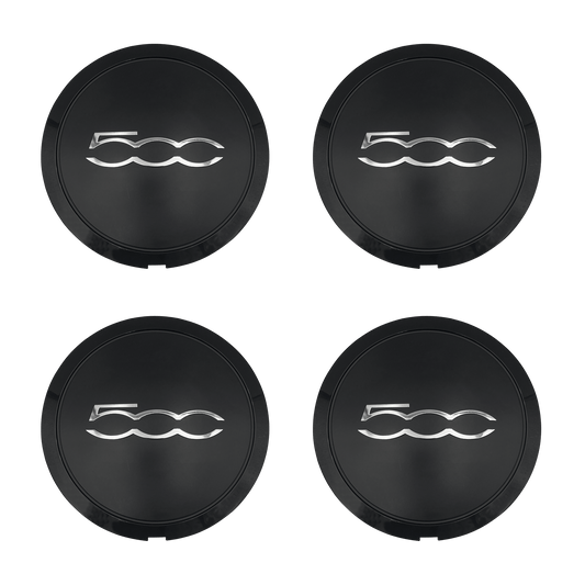4 pcs. Fiat 500 Center Caps Black with Chrome Text 133mm