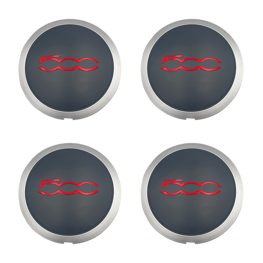 4 pcs. Fiat 500 Center Caps with Black Chrome Edge and Red Text 133mm