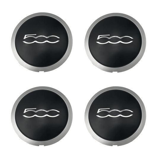 4 pcs. Fiat 500 Center Caps in Black and Silver Finish 133mm
