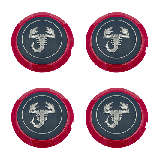 4 pcs. Abarth Center caps in Black, Chrome logo and Red edge 133mm