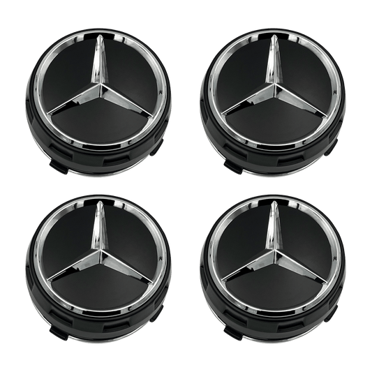 4 pcs. Mercedes-Benz Star Center Caps Black Full 75mm