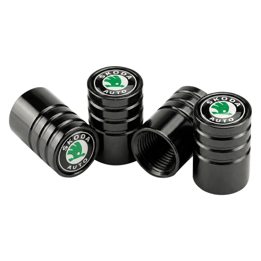4 stk. Skoda Sort/Grøn Logo Ventilhætter Sort Aluminium
