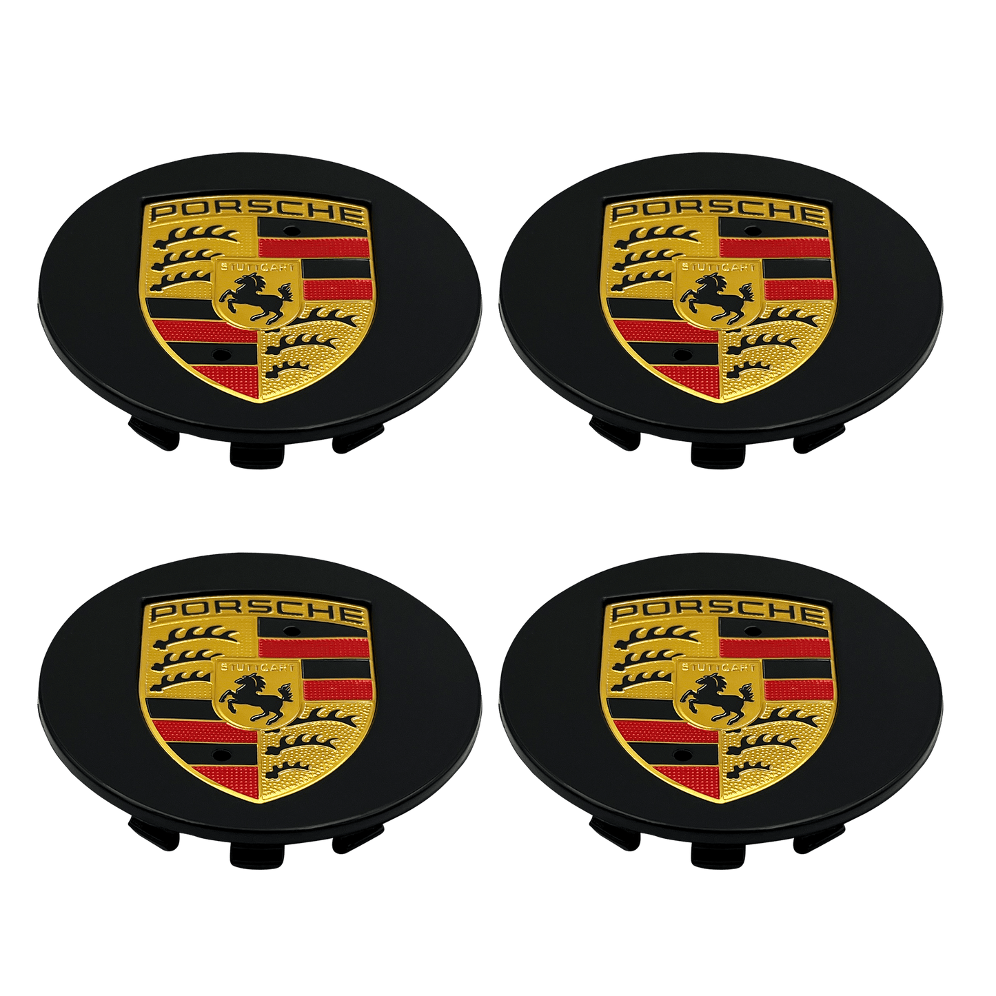 4 pcs. Porsche Center Caps in Black &amp; Gold 76mm