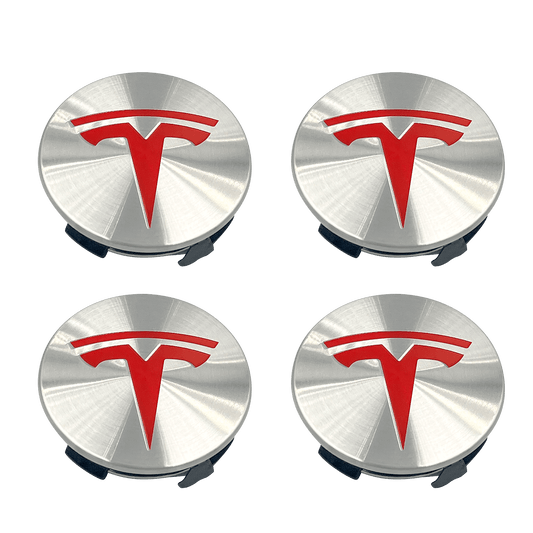 4 pieces. Red &amp; Chrome Tesla Center Caps 57mm 